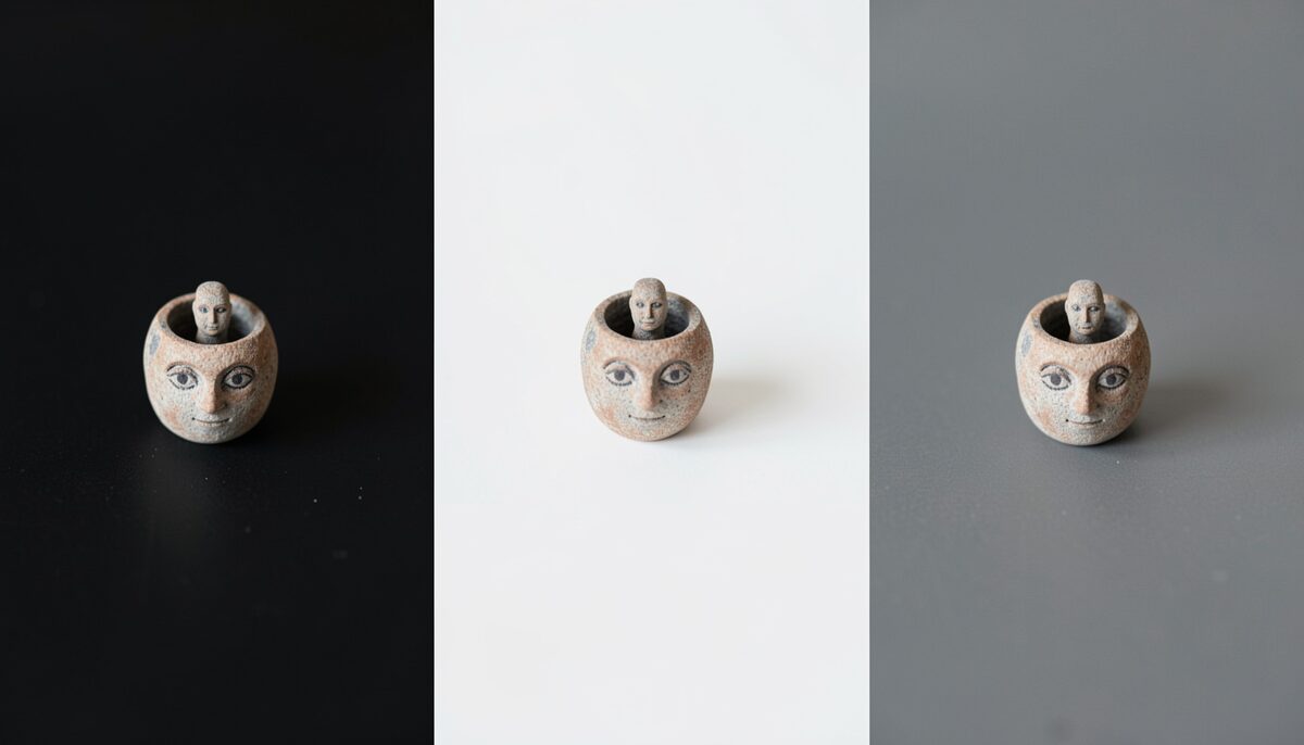 Three identical small sculptures photographed on black, white, and gray seamless paper backgrounds side by side
