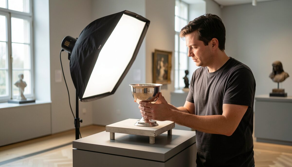 A museum photographer adjusting a softbox light aimed at a silver chalice on a copy stand