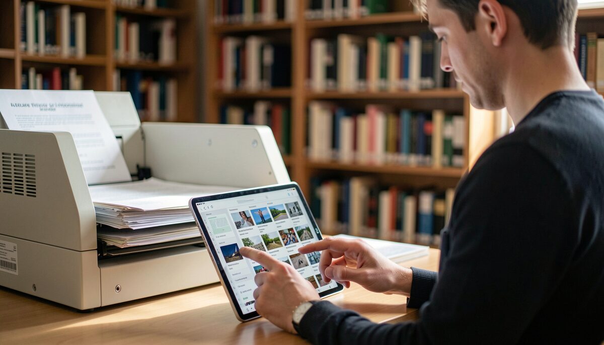 A researcher scrolling through a digital image database on a tablet next to a microfiche reader in a library