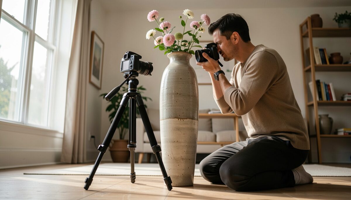 A photographer kneeling to shoot a tall vase from a low angle with a wide angle lens on a tripod