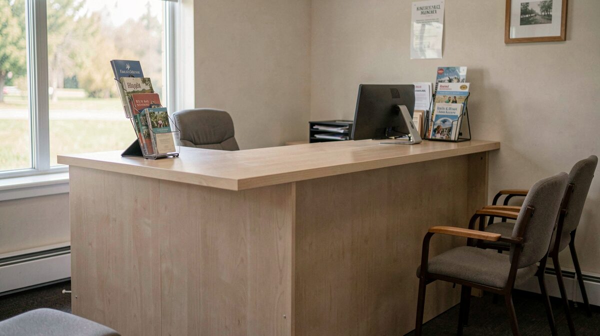 A plain reception desk in a small community center, morning light through a window, neutral framing of the desk, chairs, and brochures.