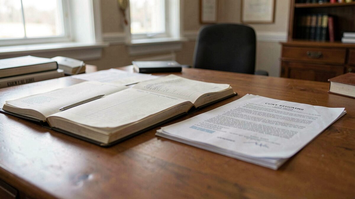 A close view of a recording office counter with a bound public record register open beside a folded document, lit by a window's soft daylight.