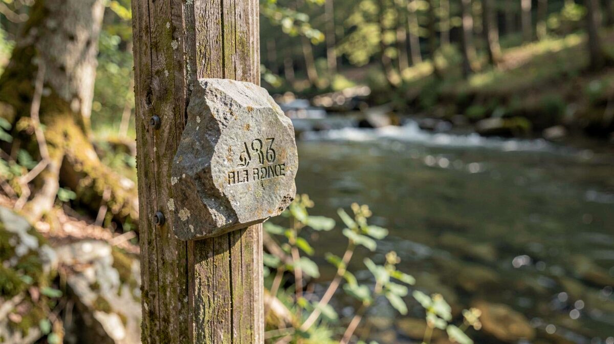 A stone hiking stamp pad on a wooden post beside a clear Eifel stream, morning light, close-up with forest blurred behind.
