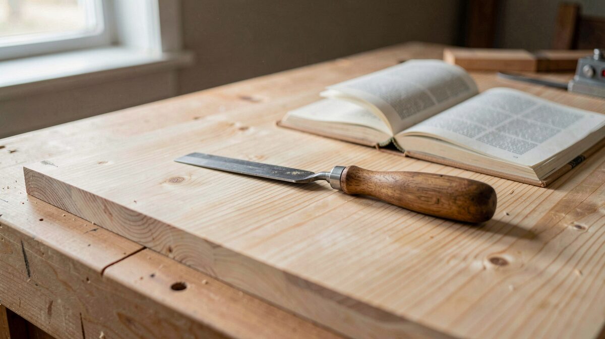 A workbench in a joinery workshop with a hinoki board, a chisel and an open reference book, lit by soft daylight from a side window.