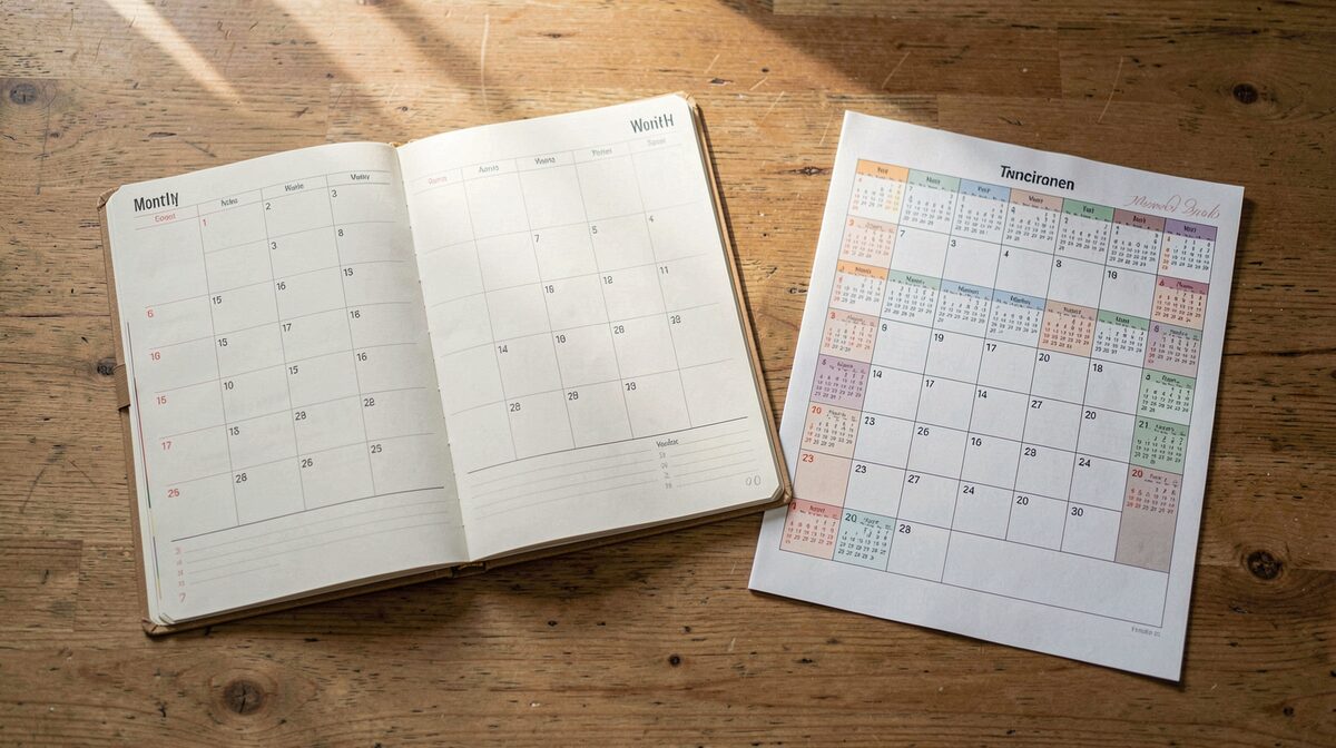 A flat lay on a wooden desk: an open paper monthly planner beside a printed calendar grid covering several years, soft afternoon window light, top-down framing.
