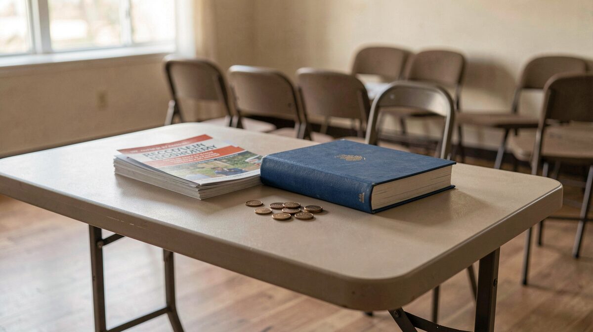 A folding table with stacked AA literature, a Big Book, and sobriety chips, in a plain community hall with soft morning light, shot at eye level.
