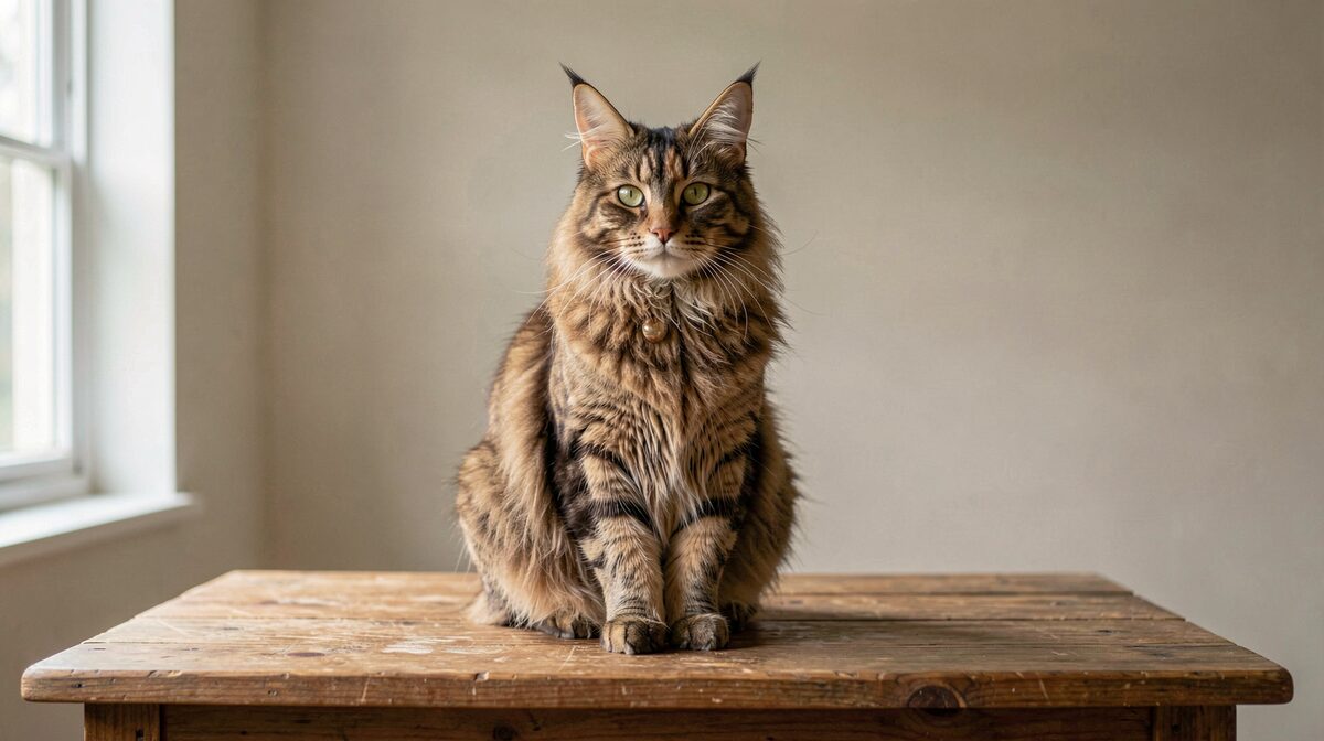 A Maine Coon cat posed on a wooden table in soft natural window light, framed as a studio-like object portrait with a neutral backdrop.