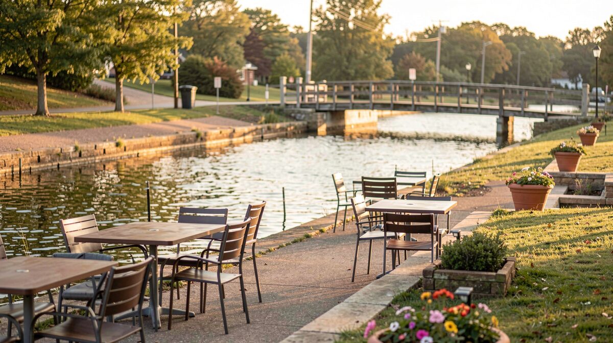 A canal-side terrace in New Hope, Pennsylvania at late afternoon, with tables by the water, the towpath beyond, and a wooden footbridge in soft golden light, framed from across the canal.