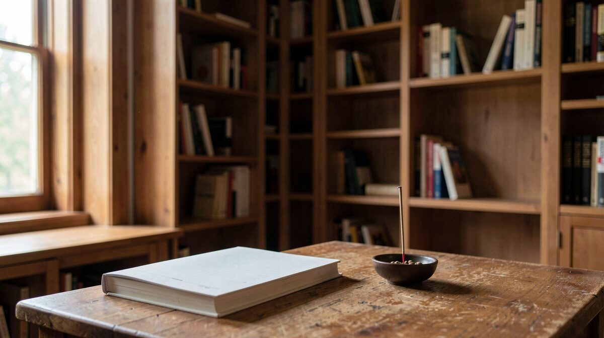A quiet reading room with wooden shelves, a closed notebook on a table beside a single incense bowl, soft morning light from a tall window, shot at table height in natural color.