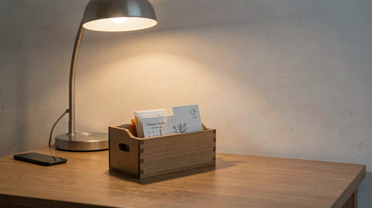 A quiet desk with a paper card index box, one card pulled out under a warm desk lamp, morning light on a plain wall.