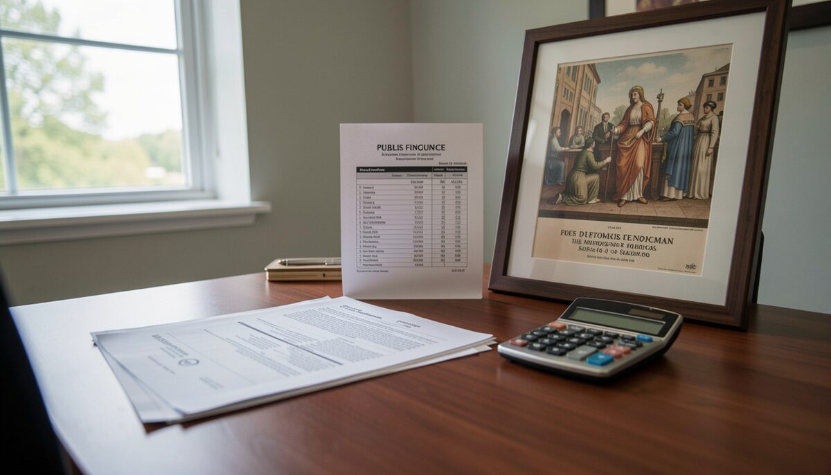A museum finance office desk with a fee schedule printout, a calculator, and a framed public domain artwork poster