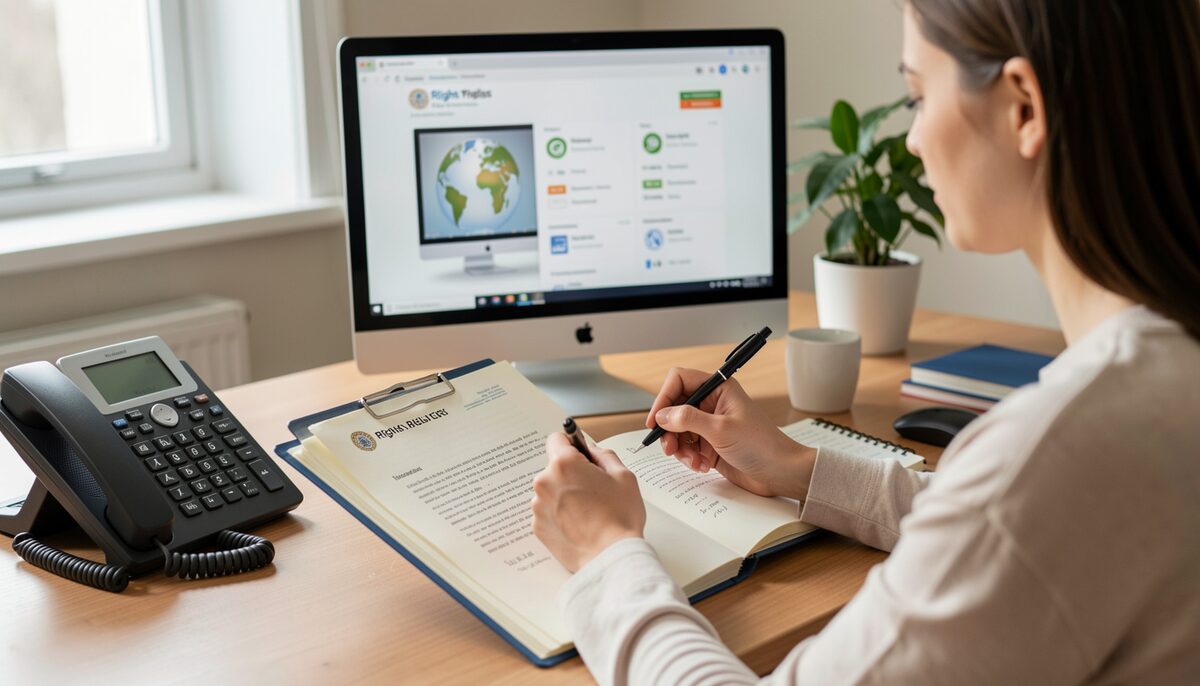 A researcher making notes from a file folder of correspondence next to a phone and a computer showing a rights database