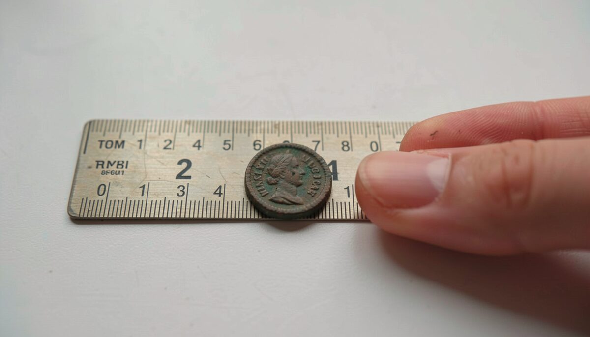 A small ancient coin photographed next to a ruler and a human finger for scale on a neutral background
