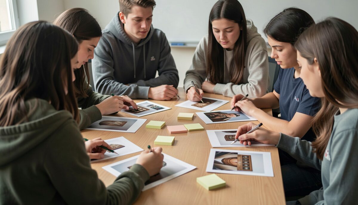 A group of students gathered around a table comparing printed photographs of the same artifact with sticky notes